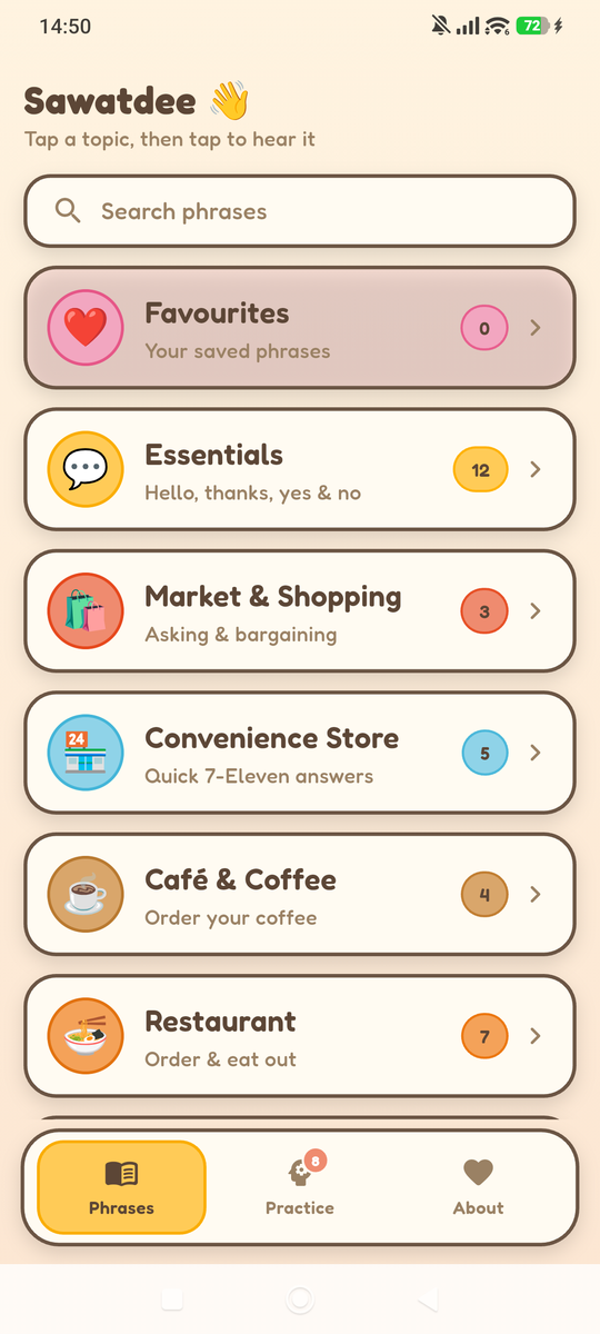 Sabai phrasebook home screen